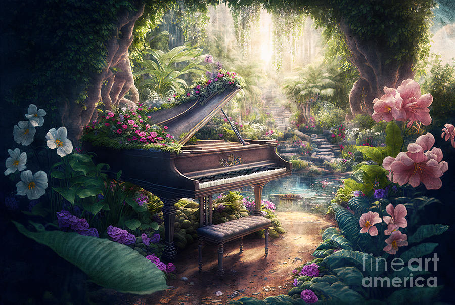 Vintage grand piano in magic fairytale garden, generative ai #1 Photograph by Michal Bednarek