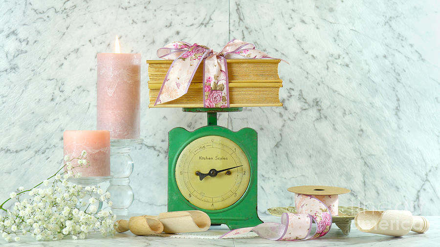 Vintage kitchen scale decor in soft dusty pink and mint green tones. #1 Photograph by Milleflore Images