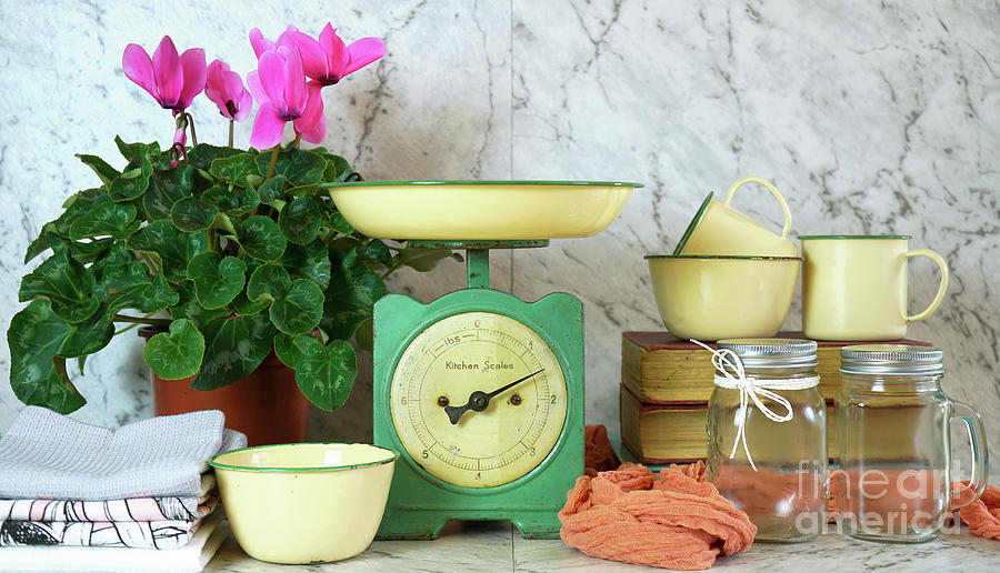 Vintage Photograph - Vintage kitchen scale decor with farmhouse style kitchenware. #1 by Milleflore Images