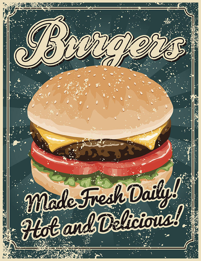 Vintage Screen Printed Burger Poster #1 Drawing by Bortonia