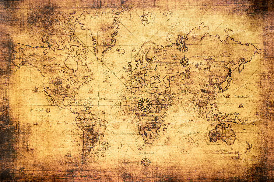 Vintage world map on an old stained parchment #1 Drawing by Julien ...