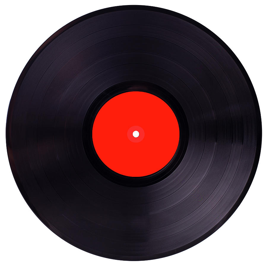 Vinyl 33rpm record with red label. With clipping path. Photograph by ...