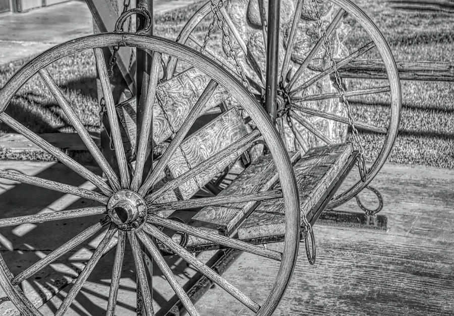 Wagon Wheel Horse Shoe Bench Bw Photograph