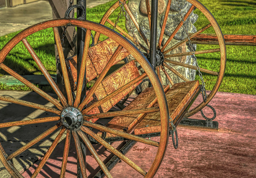 Wagon Wheel Horse Shoe Bench Color #2 Photograph by Barbara Snyder