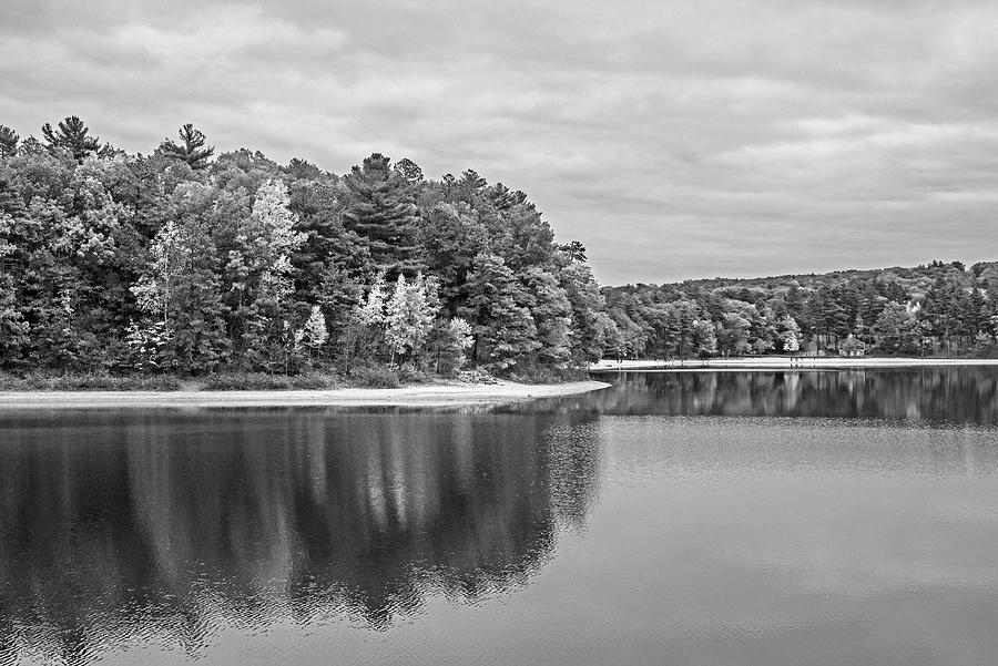 Walden Pond Fall Foliage Concord MA Reflection Trees Around the Bend Black and White #1 Photograph by Toby McGuire