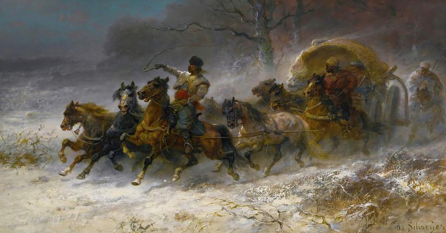 Winter Painting - Wallachians on the Move in a Winter Landscape #1 by Adolf Schreyer