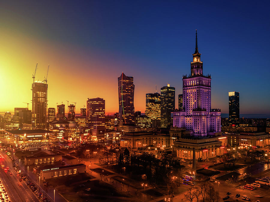 Warsaw city center at dusk aerial view Photograph by Lukasz Szczepanski ...