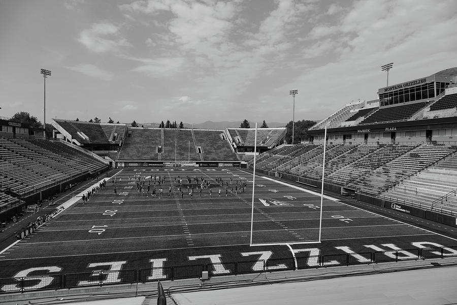 Washington Grizzly Stadium at the University of Montana in black and white #1 Photograph by Eldon McGraw