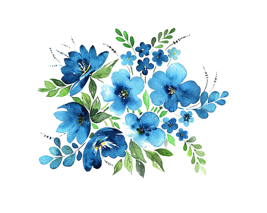 Watercolor bouquet in light blue colors, tender flowers, leaves and grass.  Isolated on white background. Painted with love Drawing by Julien - Pixels