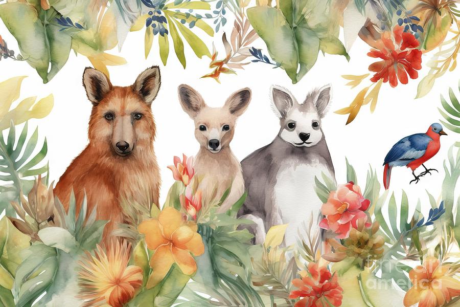 Wildlife Painting - Watercolor Composition With Australian Animals And Natural Elements Kangaroo Koala Dingo Dog Parrots Palm Trees Flowers Wild Creatures Jungle Illustration For Nursery Wallpaper  #1 by N Akkash