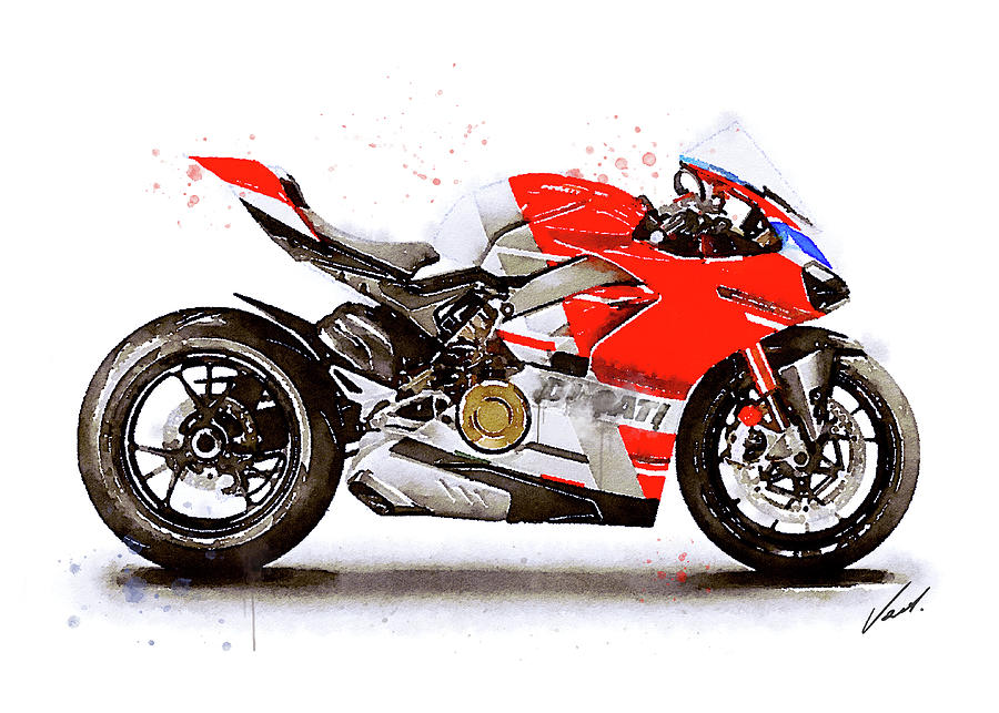 Watercolor Ducati Panigale V4S motorcycle, oryginal artwork by Vart Painting by Vart Studio