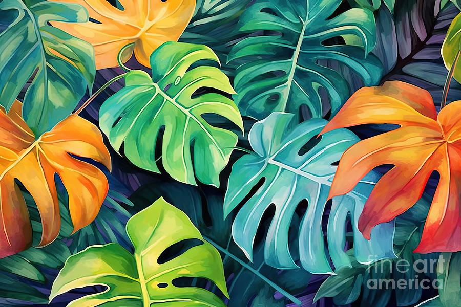 Abstract Painting - Watercolor Illustration Of A Abstract Natural Background Exotic Leaves Pattern Creative Background With Bright Colorful Monstera Leaves Jungle Fauna   #1 by N Akkash