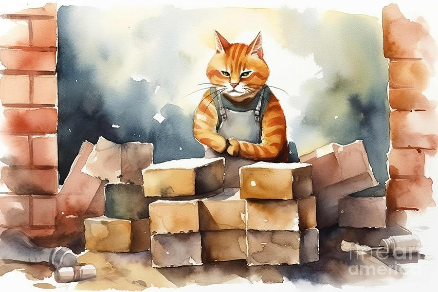 Cool Painting - Watercolor Illustration of a Bricklayer Cat Working Job Professi #1 by N Akkash