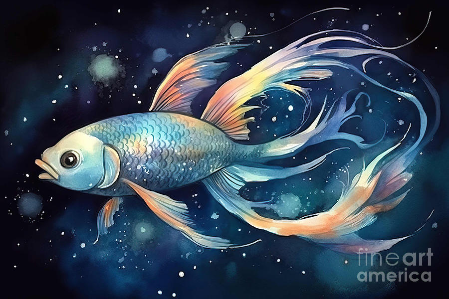 Sign Painting - Watercolor Illustration of a Zodiac Sign Of Pisces, Fantasy Fish #1 by N Akkash