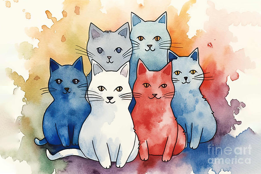 Animal Painting - Watercolor illustration of cartoon cats. #1 by N Akkash