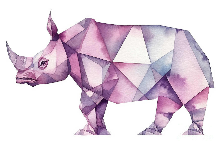 Animal Painting - Watercolor illustration of origami rhinoceros. Purple paper orig #1 by N Akkash