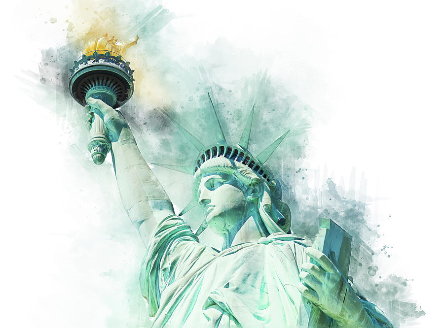 Watercolor paint effect of the Statue of Liberty isolated on white ...