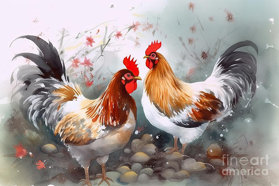 Rooster Painting - Watercolor painting chicken Animal Annual 2560  #1 by N Akkash