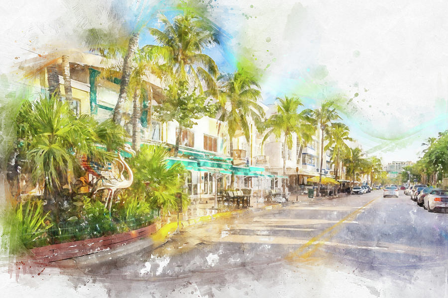 Watercolor painting illustration of famous Ocean Drive street in the morning in Miami South Beach in Florida Digital Art by Maria Kray