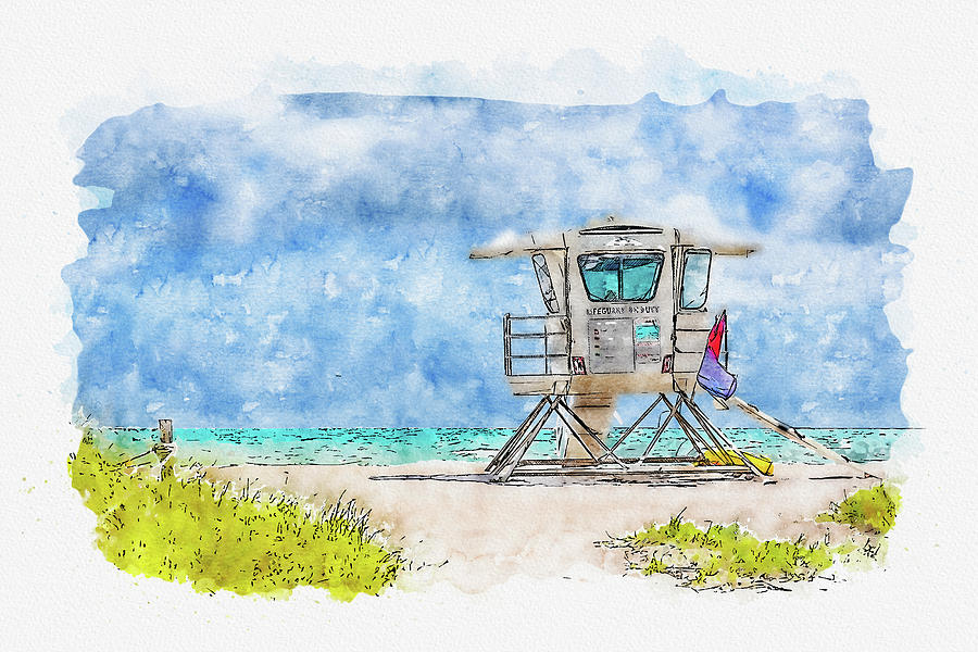 Watercolor painting illustration of lifeguard tower in Miami Digital Art by Maria Kray