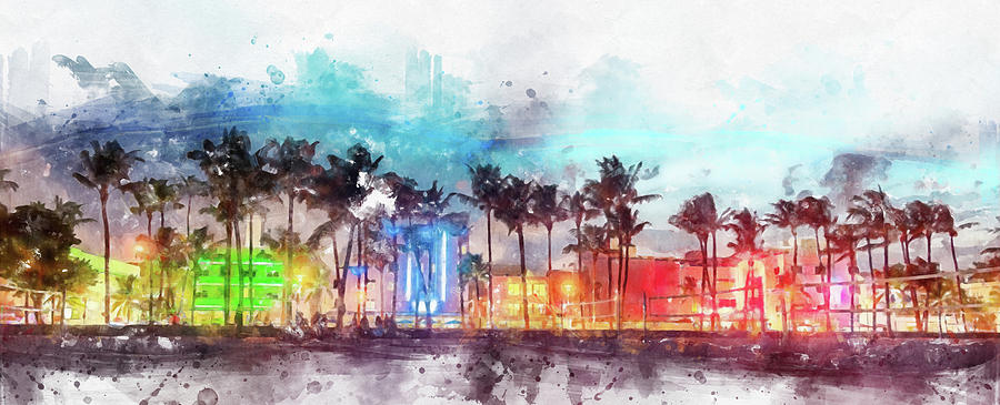 Watercolor painting illustration of Miami Beach Ocean Drive panorama with hotels and restaurants at sunset Digital Art by Maria Kray