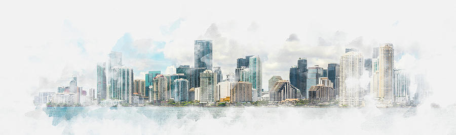 Watercolor painting illustration of Miami Downtown skyline in daytime with Biscayne Bay Digital Art by Maria Kray Watercolor painting illustration of Miami Downtown skyline in daytime with Biscayne Bay Digital Art by Maria Kray