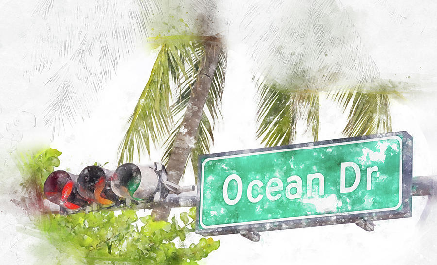 Watercolor painting illustration of Ocean drive street sign in Art Deco district in South Miami USA Digital Art by Maria Kray