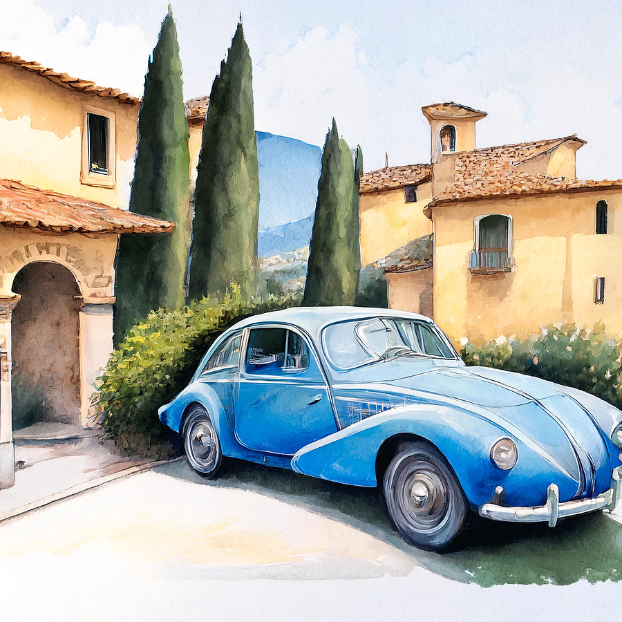 Watercolor Style Painting - Watercolor painting of an Italian car in Tuscany #1 by Mounir Khalfouf