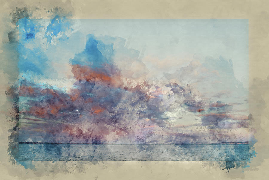 Watercolor Painting Of Beautiful Seascape Image Of Calm Ocean At Sunset Digital Art
