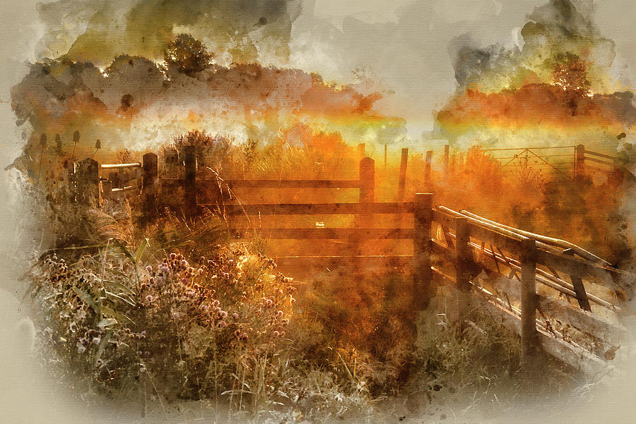 Watercolor Painting Of Beautiful Sunrise Landscape Over Foggy English Countryside With Glowing Sun Digital Art