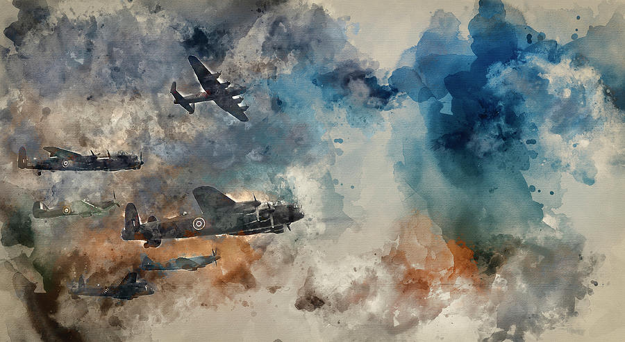 Watercolor Painting Of Flight Formation Of Battle Of Britain World War Two Consisting Of Lancaster B Digital Art