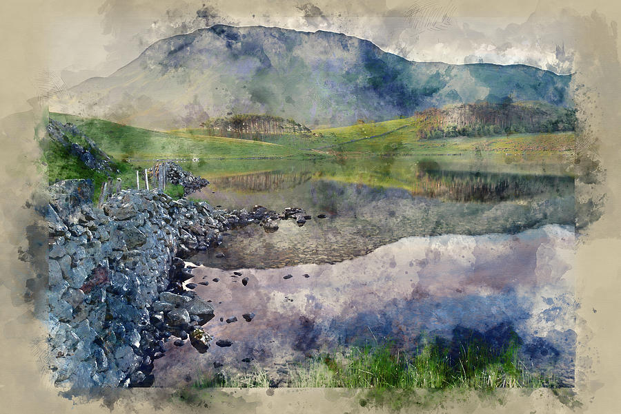 Nature Digital Art - Watercolor painting of Landscape reflected in calm Cregennen Lak #1 by Matthew Gibson