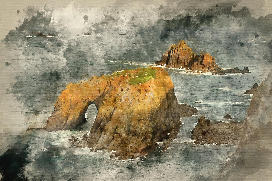 Watercolor Painting Of Stunning Sunrise Landscape Of Lands End In Cornwall England Digital Art