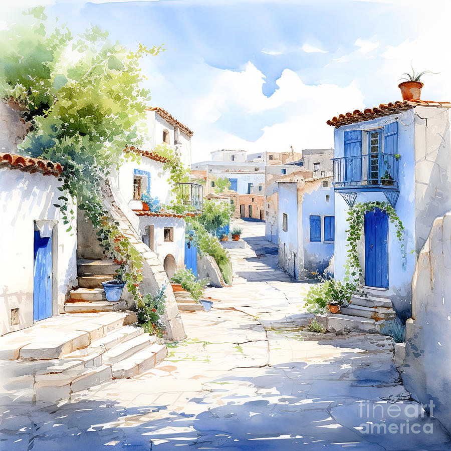 Watercolour depiction of a Greek street in summer. Traditional blue and white architecture of Greece. Digital illustration. #1 Digital Art by Jane Rix