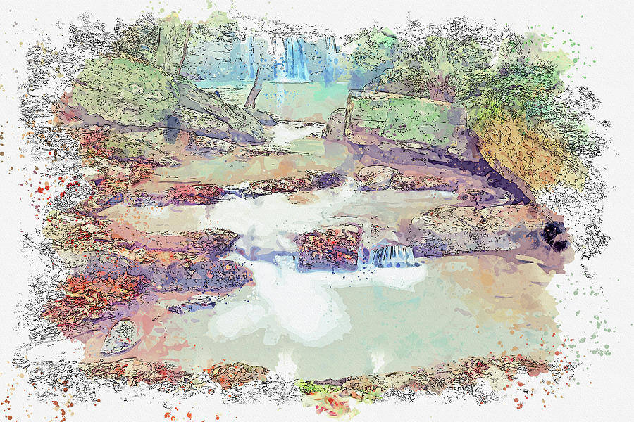 Waterfall and creek, watercolor, ca 2020 by Ahmet Asar #1 Digital Art by Celestial Images