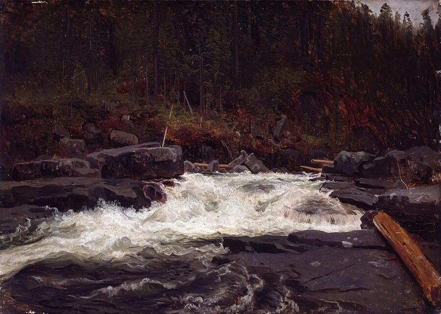 Waterfall in Telemark Study for InvNo   #1 Painting by August Cappelen Norwegian