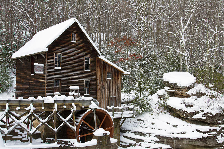 Watermill in a forest in winter, Glade Creek Grist Mill, Babcock State Park, Fayette County, West Vi #1 Photograph by Panoramic Images