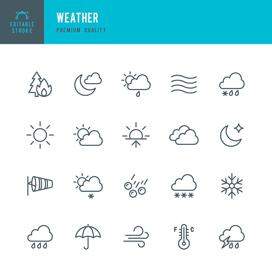 Weather - Thin Line Icon Set Drawing by Fonikum