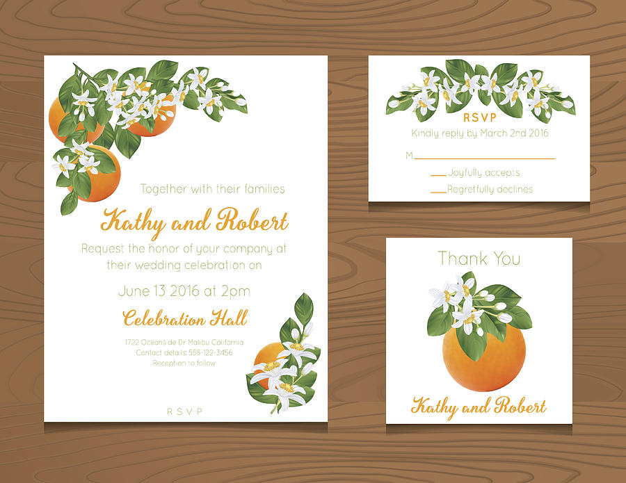 Wedding Invitation Template with Oranges On Wood Background #1 Drawing by Diane Labombarbe