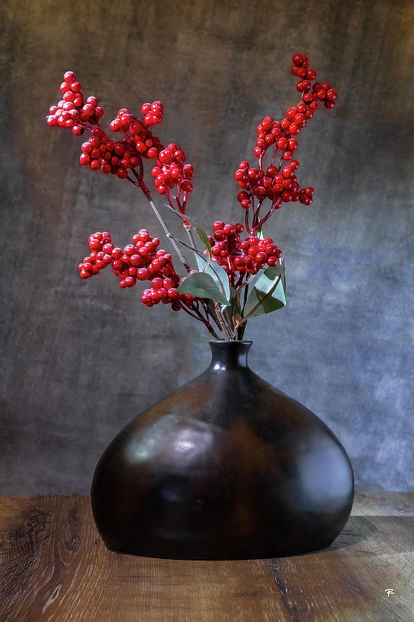 Red Berries In Wooden Vase Photograph by Tom Romeo