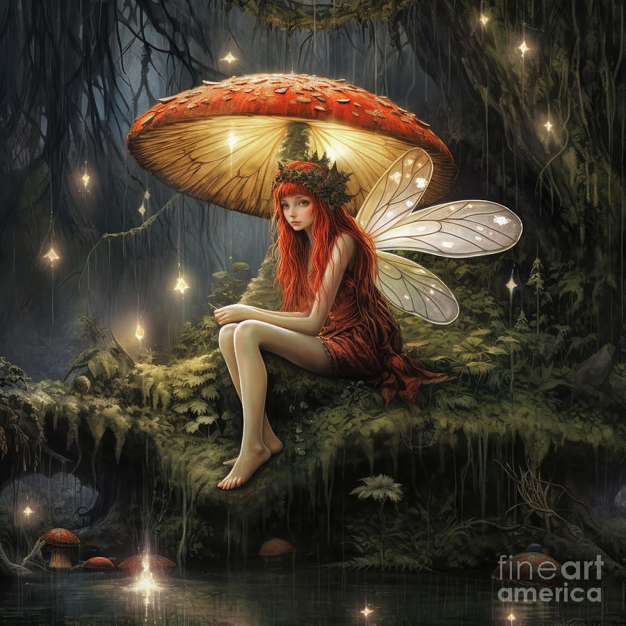 Wet Faerie Under Luminous Mushroom 2 Digital Art