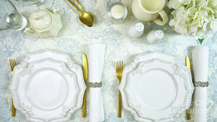 White aesthetic fine china events table place settings top view flat lay. #1 Photograph by Milleflore Images