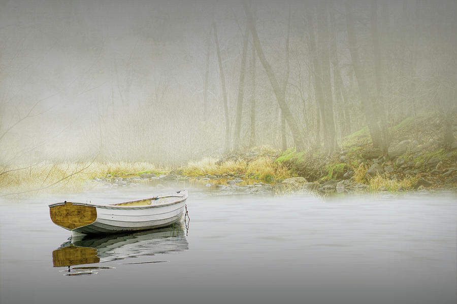 White Boat Anchored in the Mist #1 Photograph by Randall Nyhof