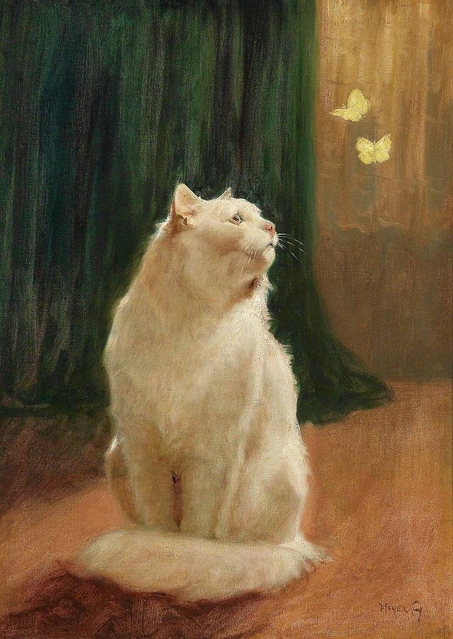 White cat and two brimstone butterflies 1900 Painting by Arthur Heyer