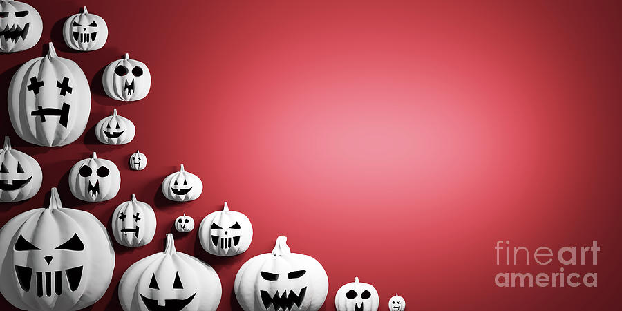 White Halloween Pumpkins On Red Background Photograph