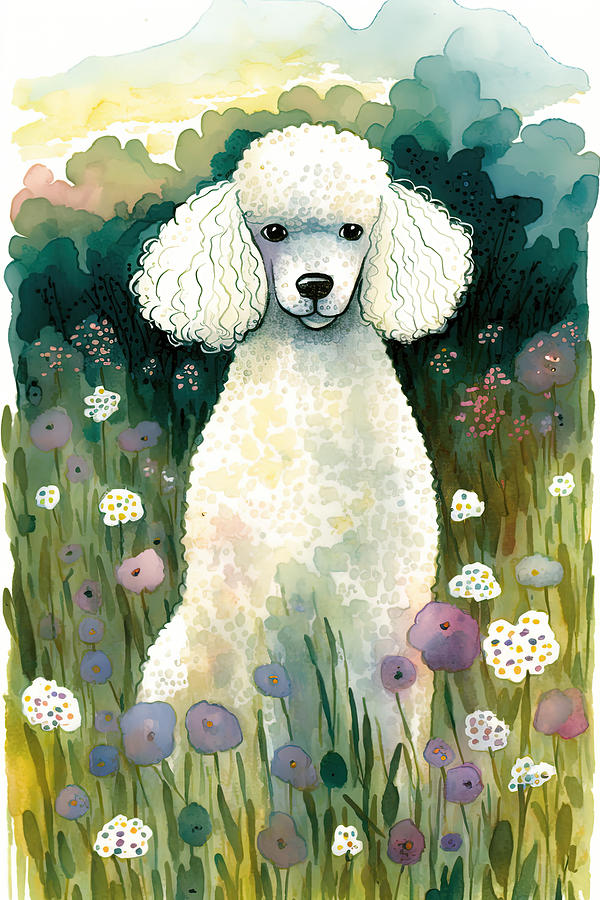 White poodle in a flower field #1 Digital Art by Debbie Brown