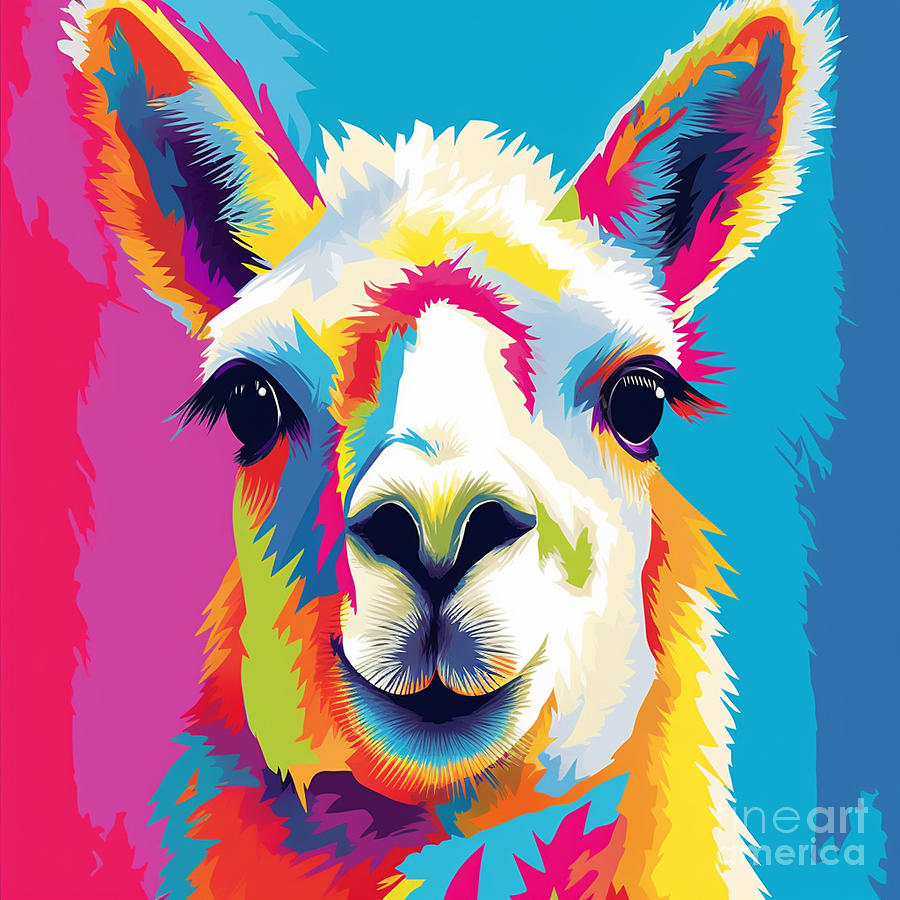 white  pop  art  llama  in  a  pop  art  style  that  by Asar Studios Painting