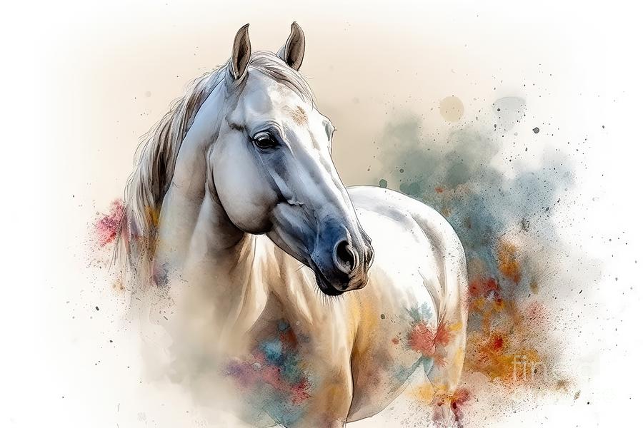 Nature Painting - White purebred Arab horse on a watercolor painting.  #1 by N Akkash