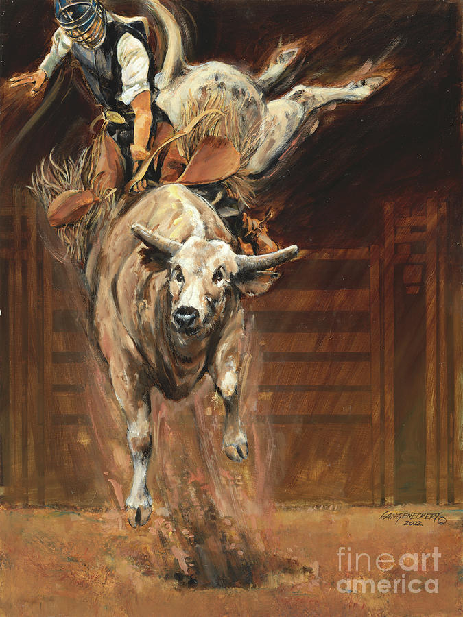 Bull Riding Painting - Wild Bull Ride at Rodeo #1 by Don Langeneckert