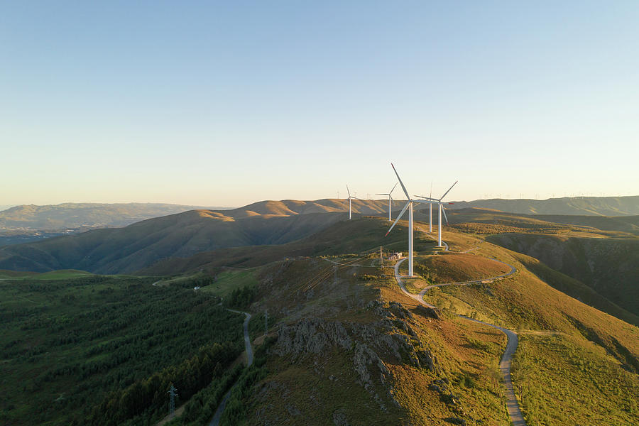 Wind turbines drone aerial view renewable energy on the middle of Serra ...